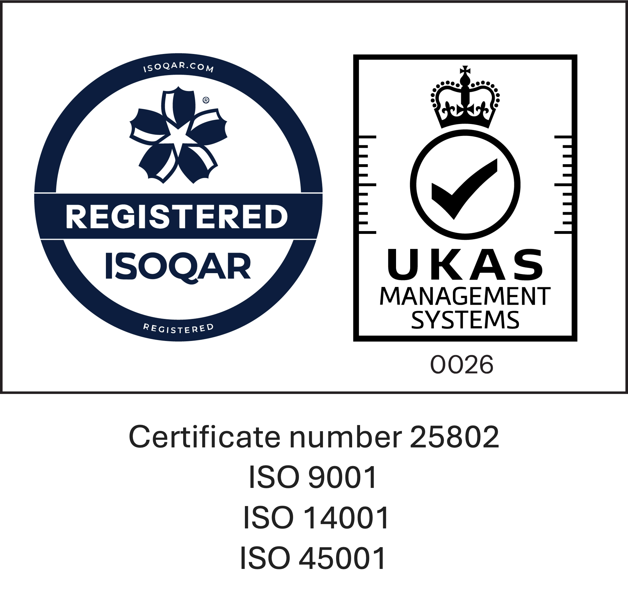 ISOQAR UKAS Management Systems Certificate Number 25802
